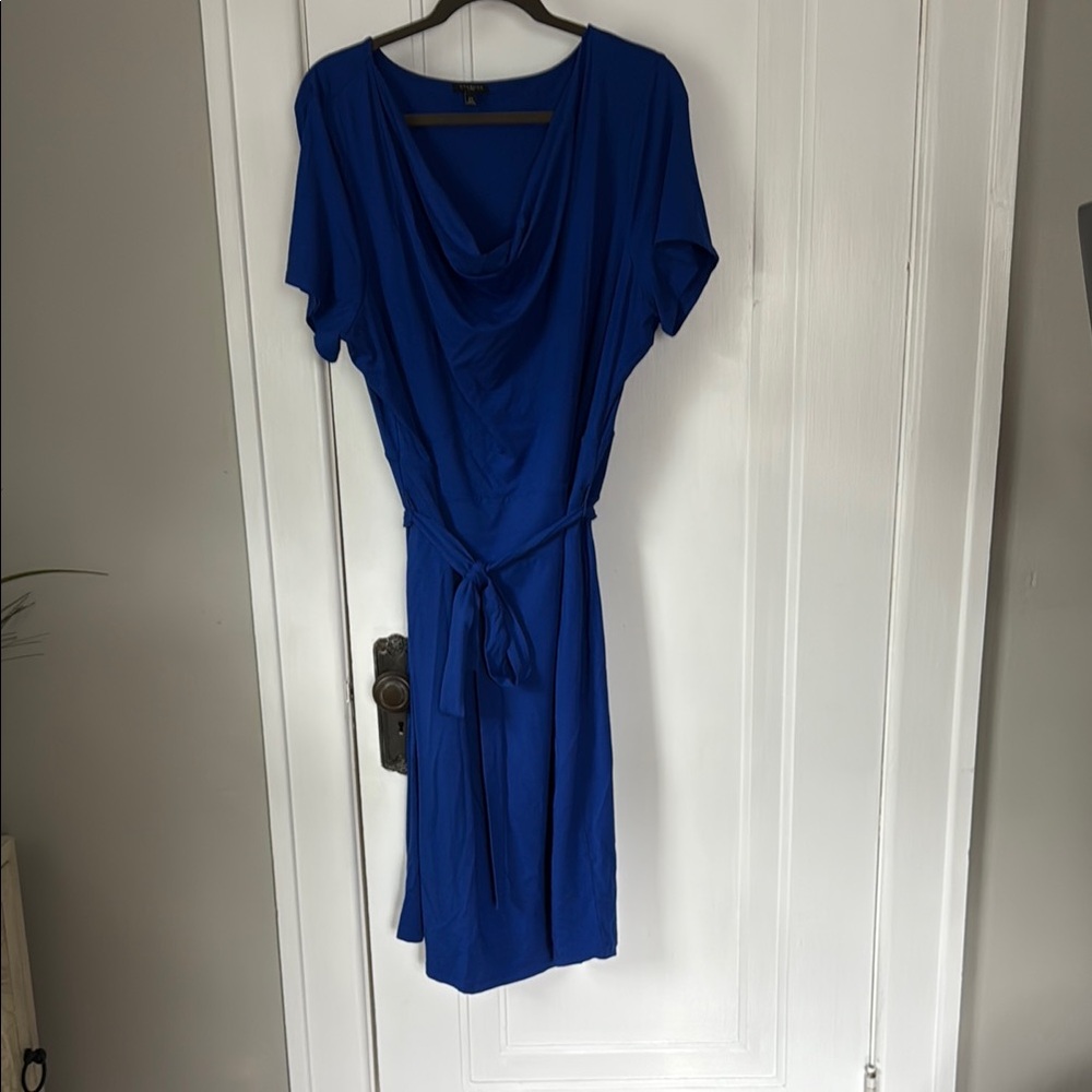 Talbots Blue Midi Dress with Cowl Neck and Short Sleeves